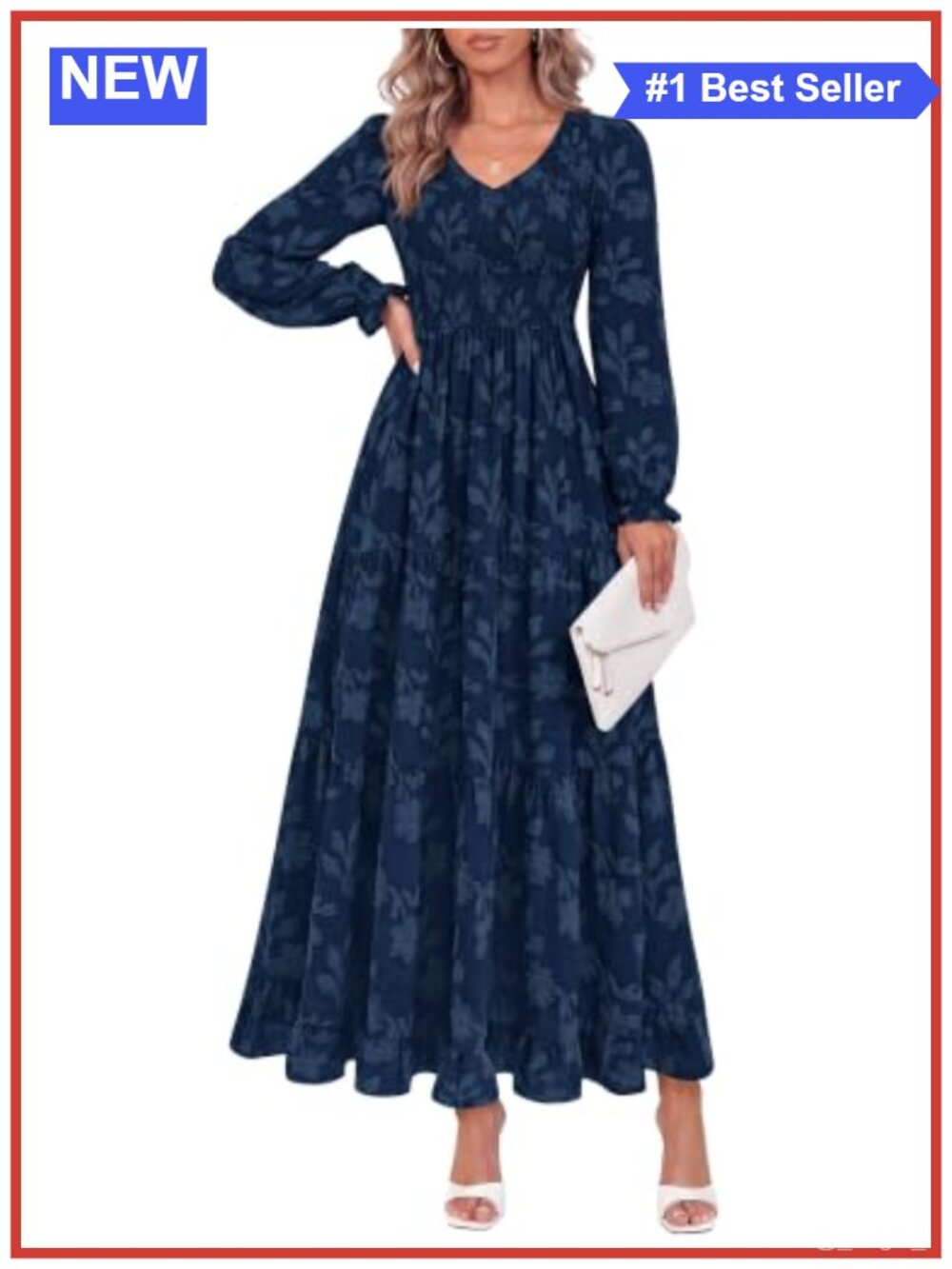Women's Long Sleeve V-Neck Jacquard Maxi Dress